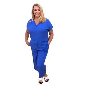 MUK LUKS Rayon Jacquard Pajama Set Size XS Button Front Eyelets Cobalt Blue NEW